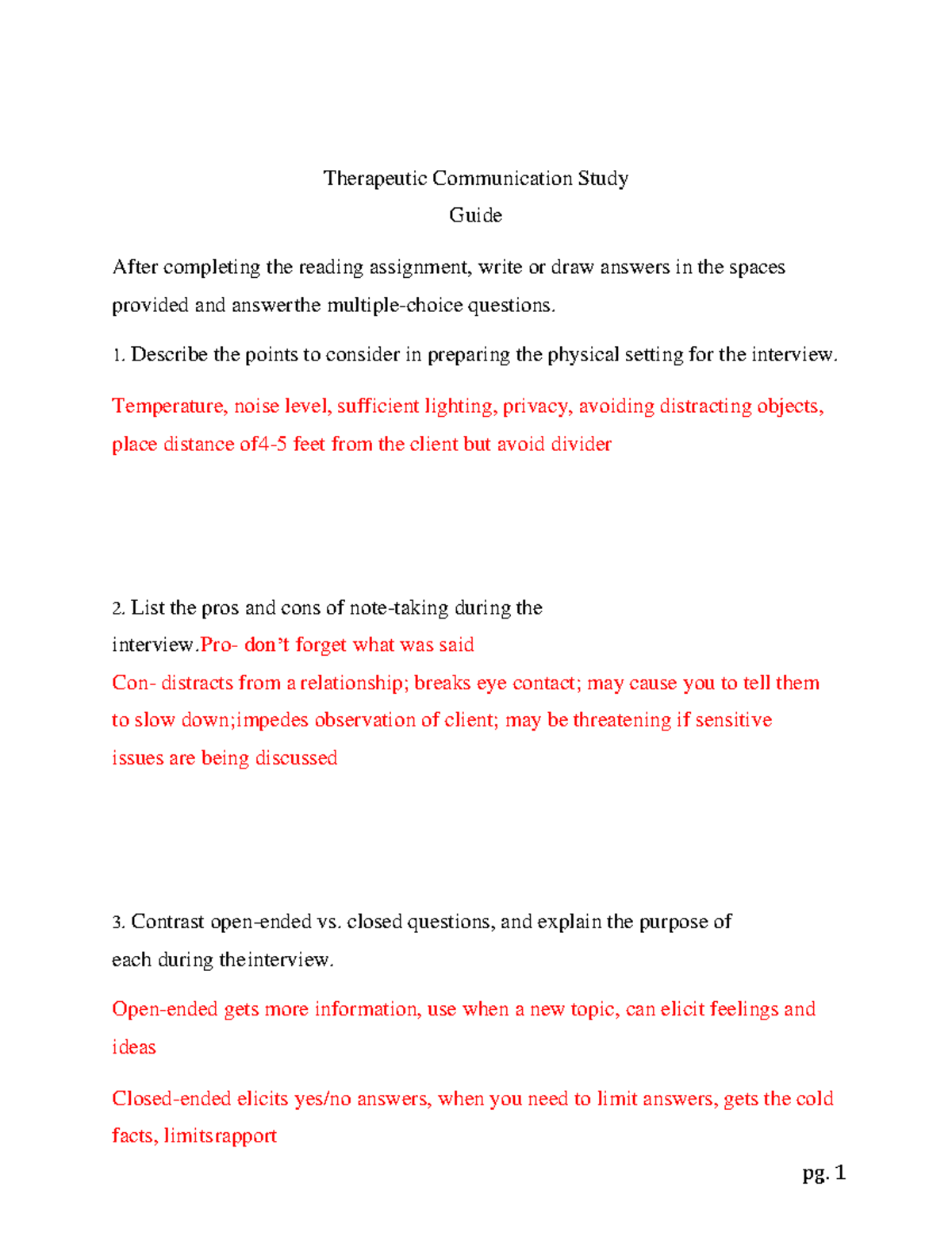 Therapeutic Communication Study Guide Answers 1 - Therapeutic ...
