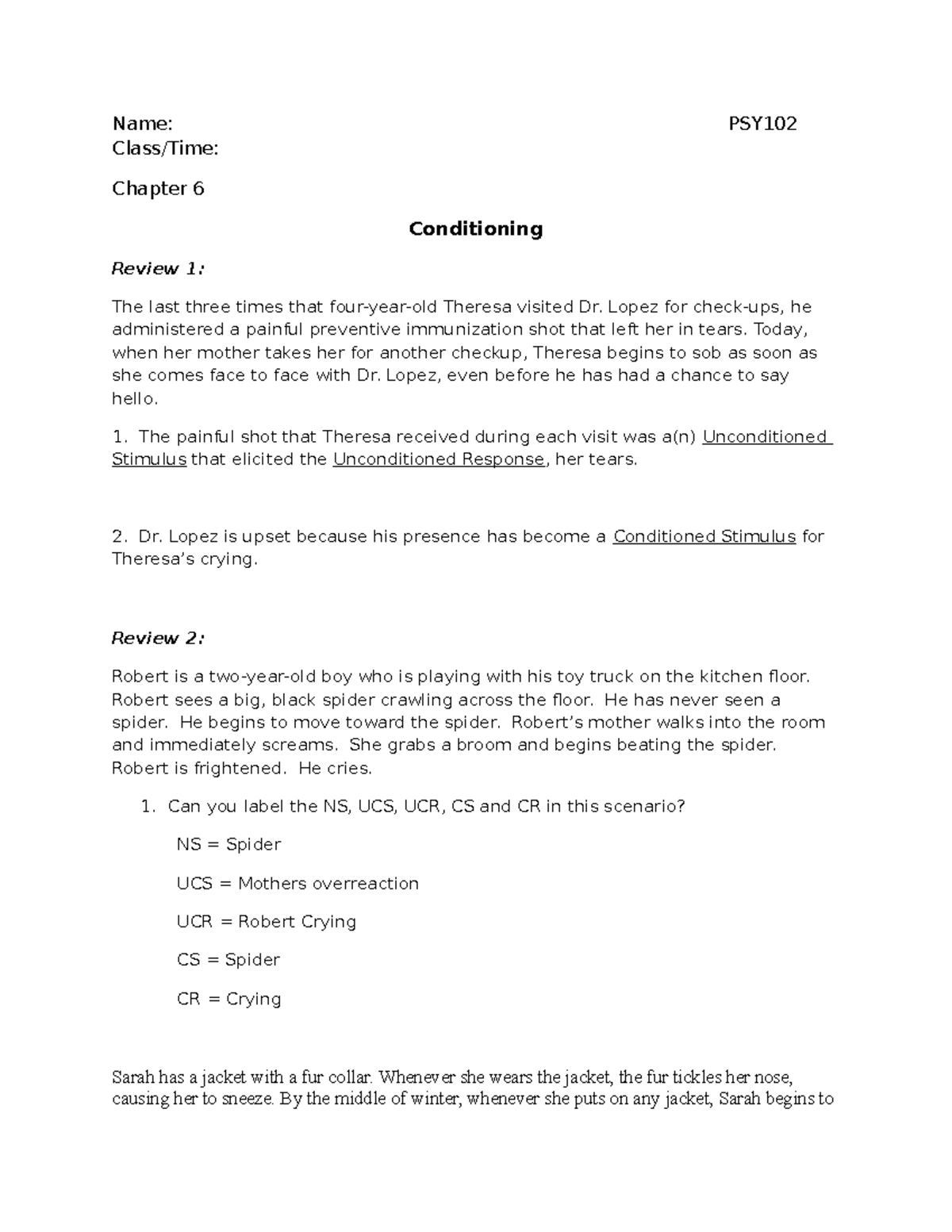 Classical Conditioning Wkst Name Psy Class Time Chapter 6