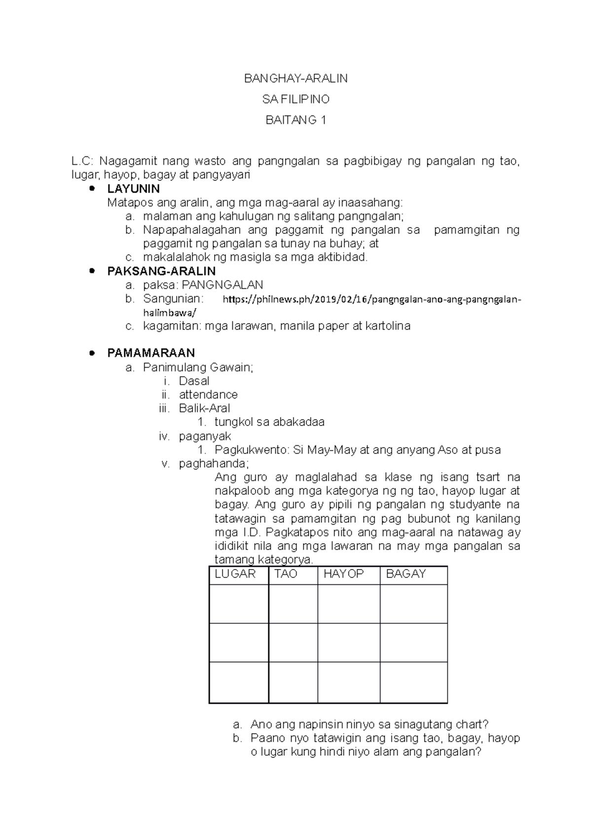 Banghay - Lesson Plan For Elementary Filipino - BANGHAY-ARALIN SA ...