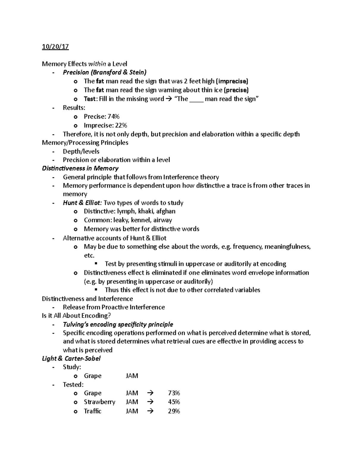 Exam 3 Material - Lecture Notes - 10/20/17 Memory Effects within a ...