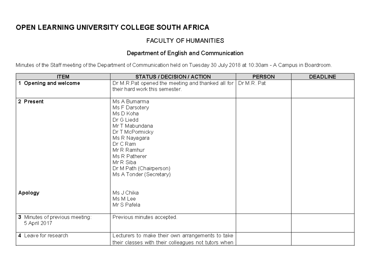Minutes+OF+ Staff+ Meeting++-+ Tabulated+ Example-+ - OPEN LEARNING ...