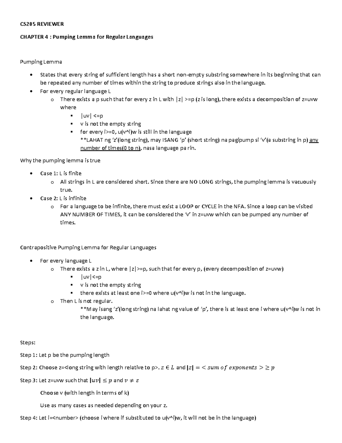 Pumping Lema - notes - CS205 REVIEWER CHAPTER 4 : Pumping Lemma for ...