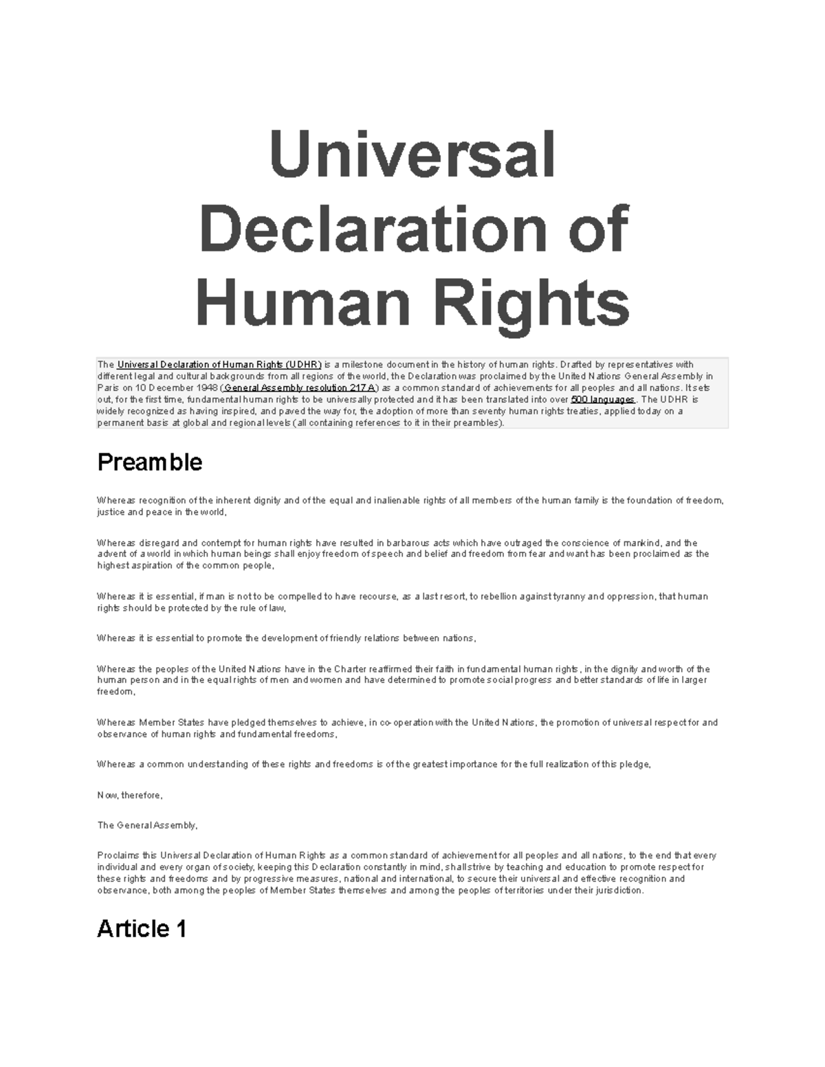 Universal Declaration ON Human Rights - Drafted by representatives with ...