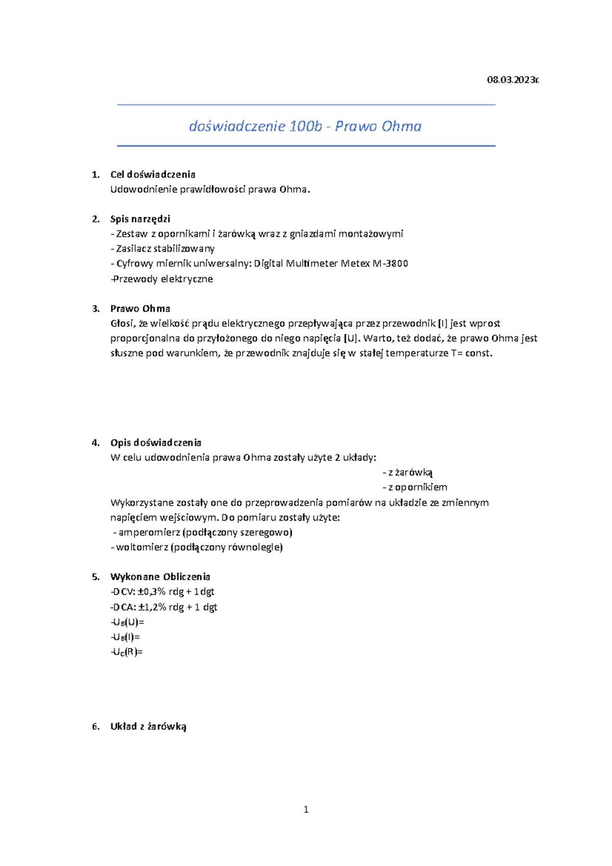Prawo Ohma 100b - 08.03. doświadczenie 100b - Prawo Ohma Cel