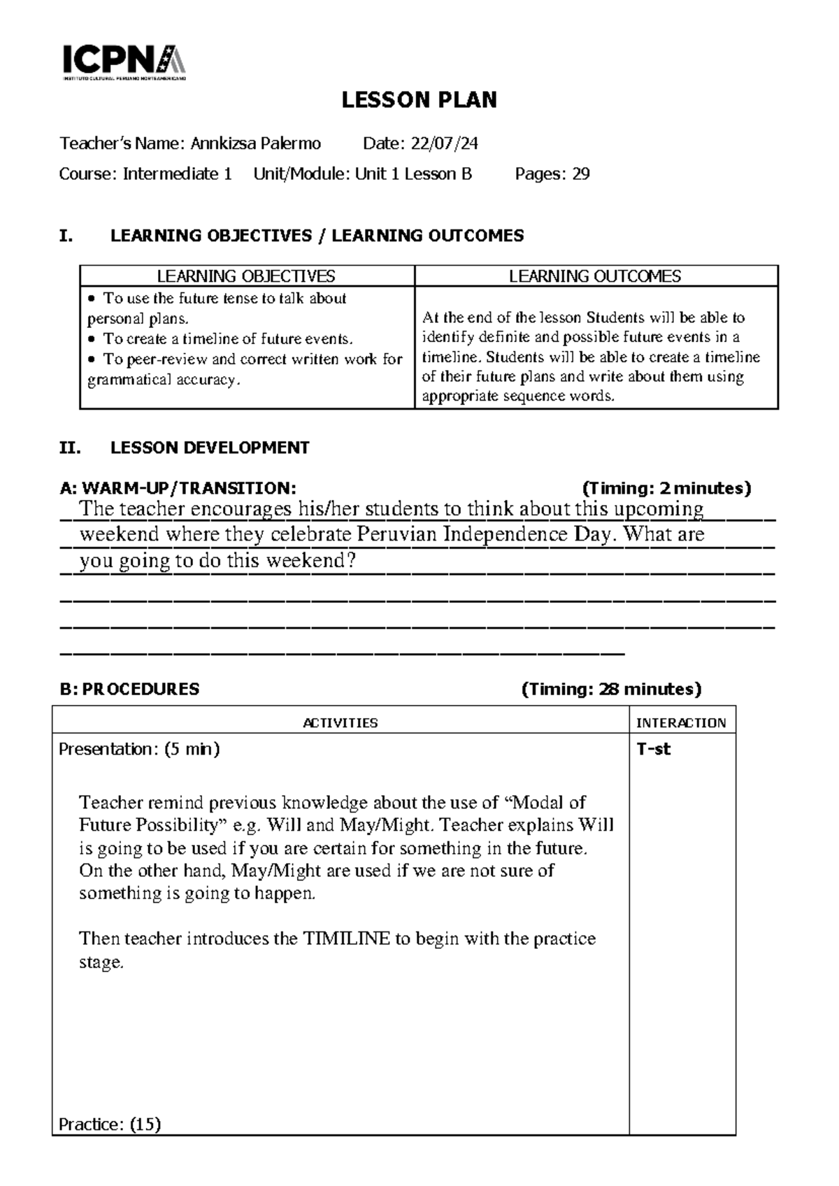 Lesson Plan MET06 - LESSON PLAN Teacher’s Name: Annkizsa Palermo Date ...