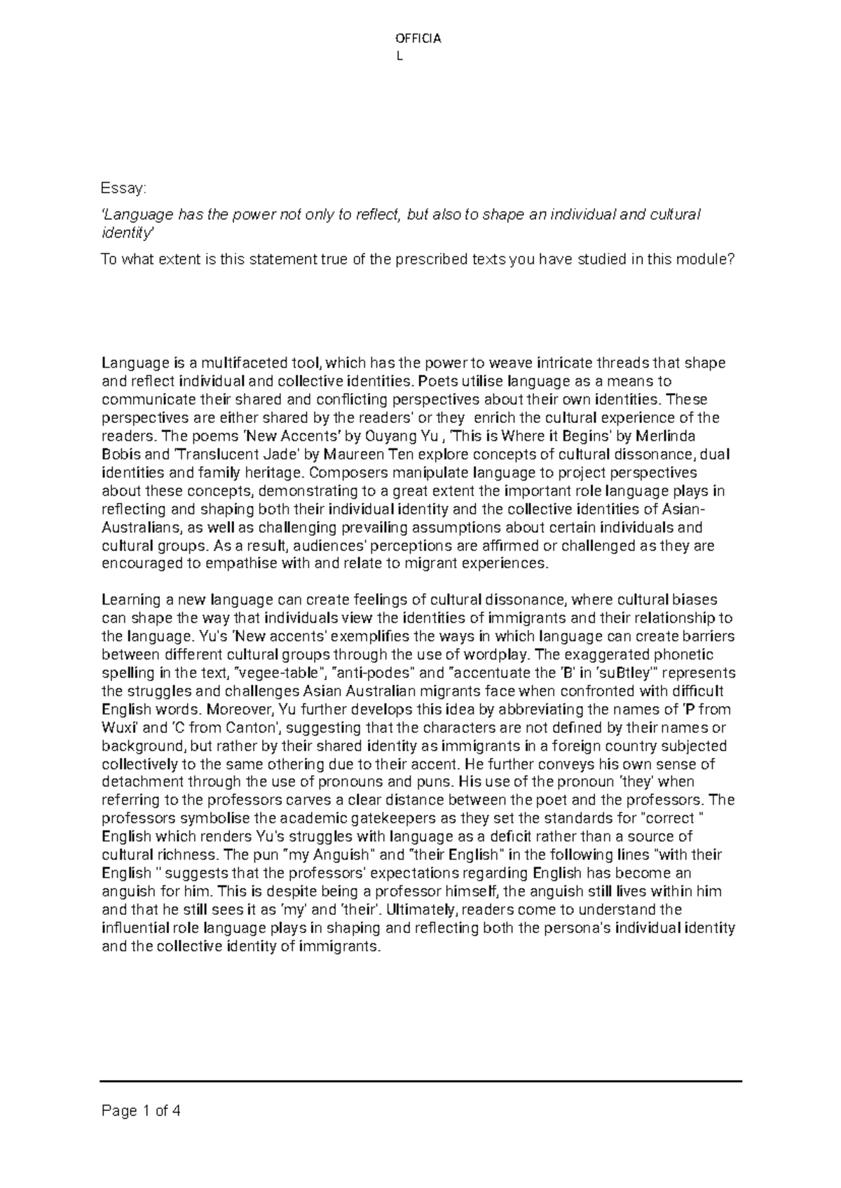 Standard-english-mod-a-essay - OFFICIA L Essay: ‘Language has the power ...