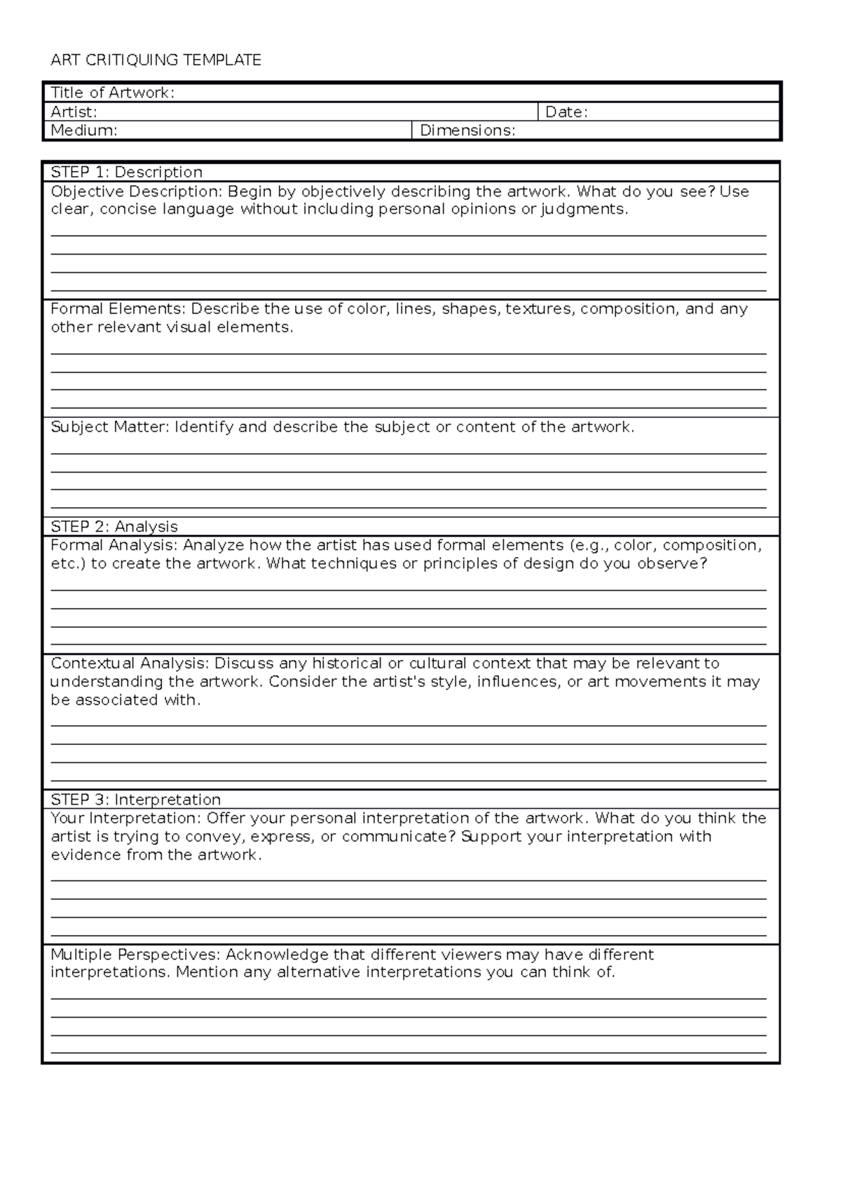 ART- Critiquing- Template - ART CRITIQUING TEMPLATE Title of Artwork ...