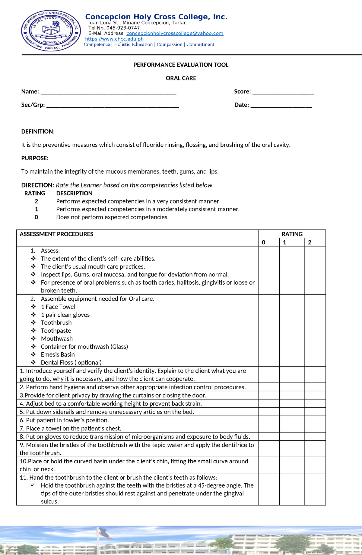 Oral Care Performance Checklist Tool - Concepcion Holy Cross College ...