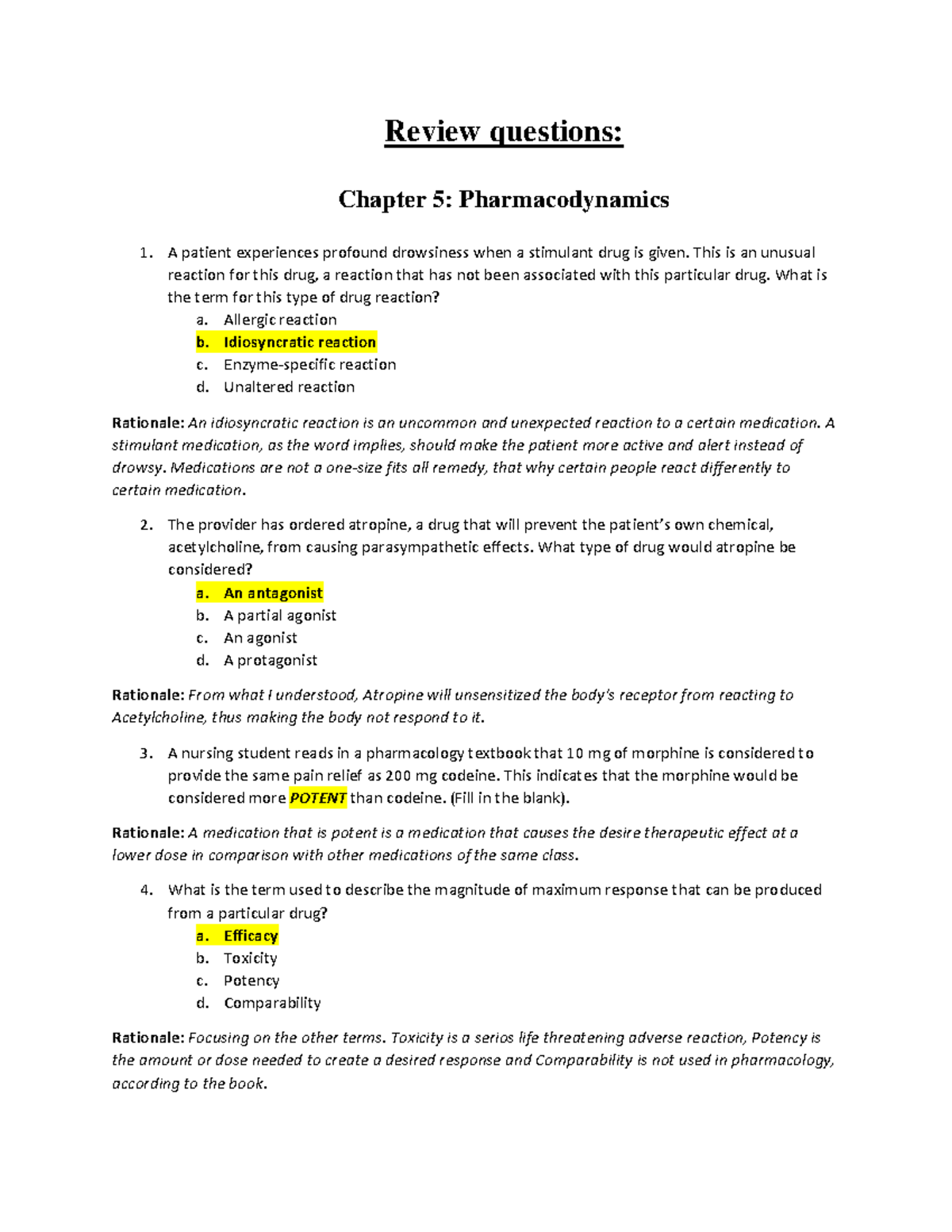 Review Questions Chapter 5: Pharmacodynamics - This Is An Unusual ...