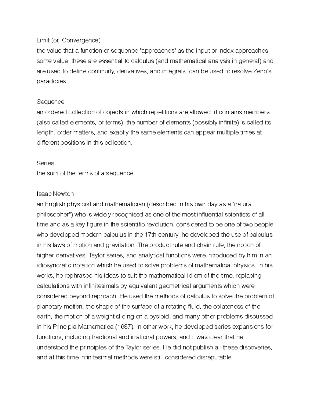 Calc2 - MATH 104 study guide - Limit (or, Convergence) the value that a ...