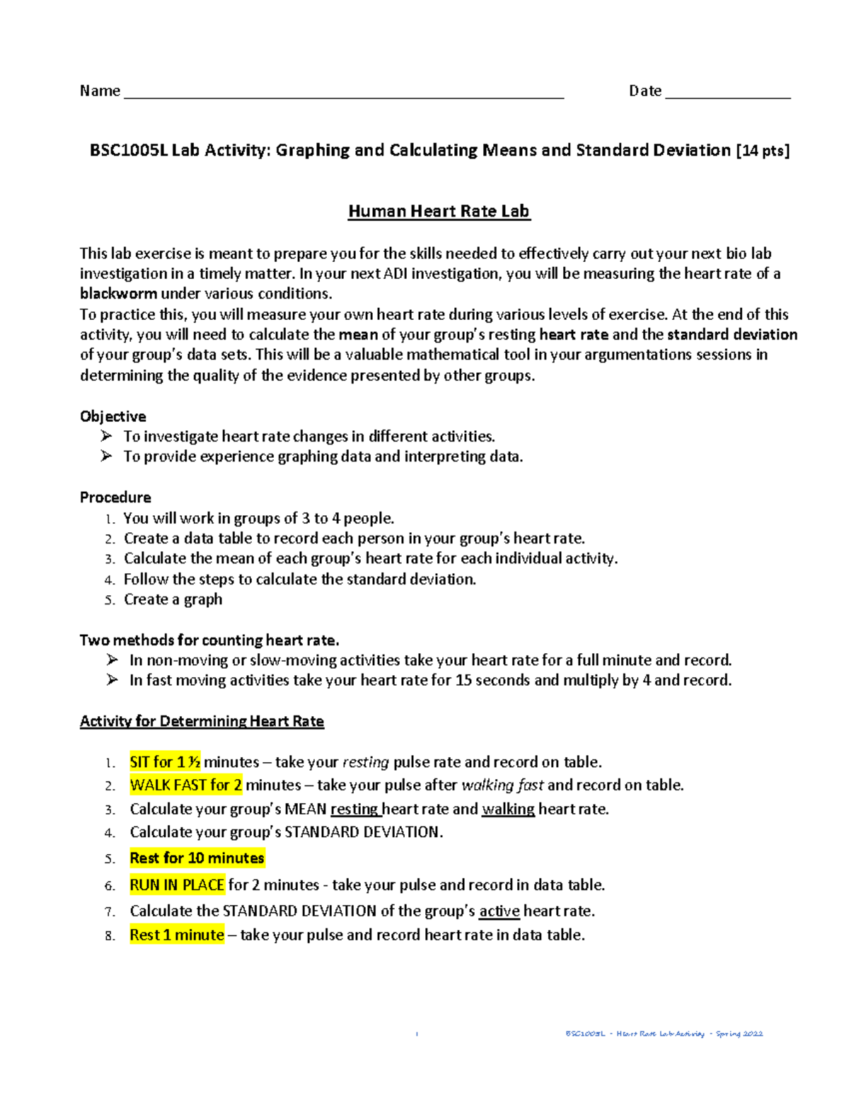 BSC1005l Heart Rate Activity Spring 2022 APM 1 BSC1005L Heart Rate Lab Activity Spring