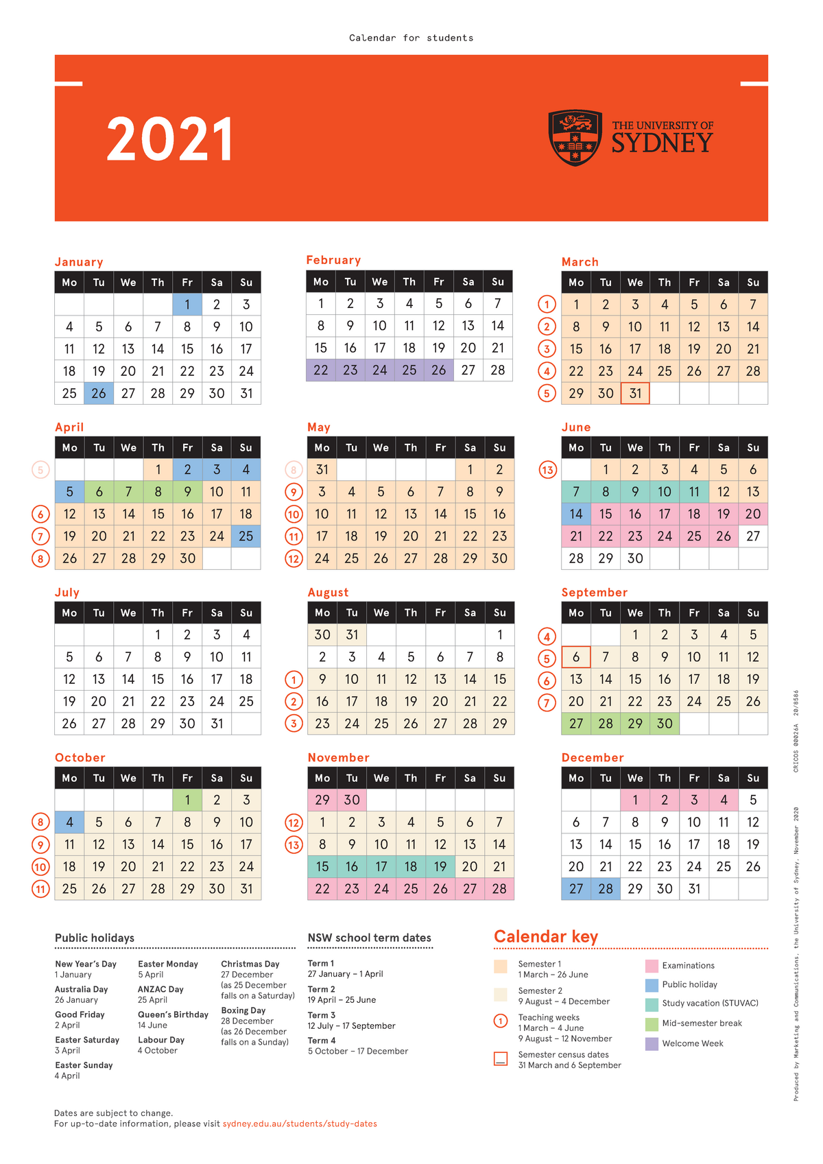 2021 University of Sydney Calendar - Key Dates - AWSS2015 - USyd - StuDocu