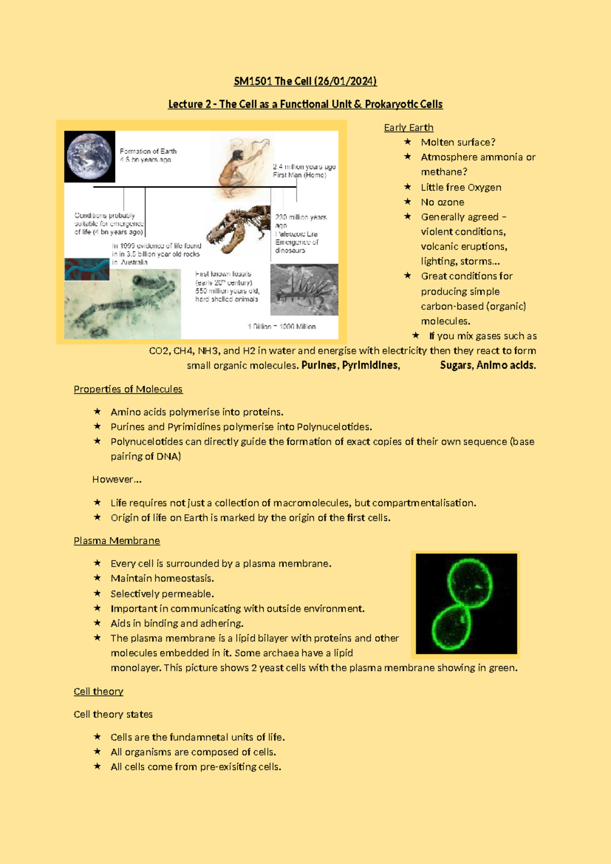 Lecture 2 - The Cell Beginnings of Life - SM1501 The Cell (26/01/2024 ...