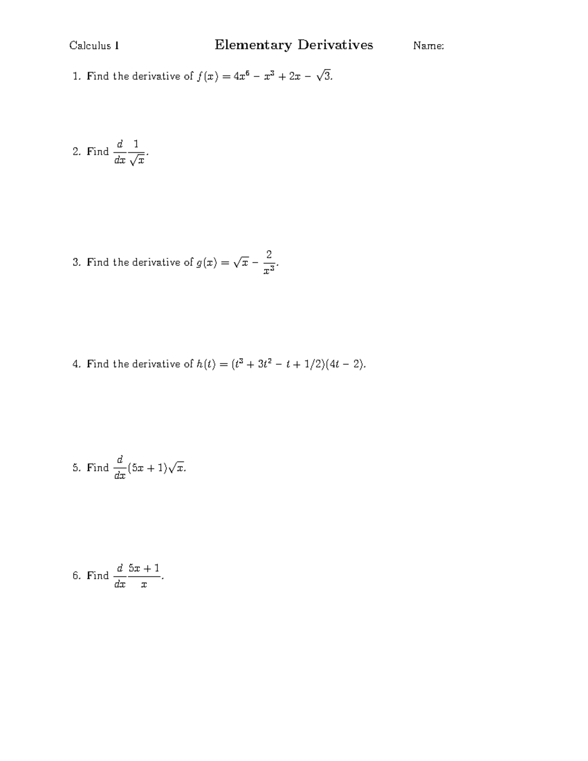 Derivatives Power Prod Rule - Calculus I Elementary Derivatives Name 