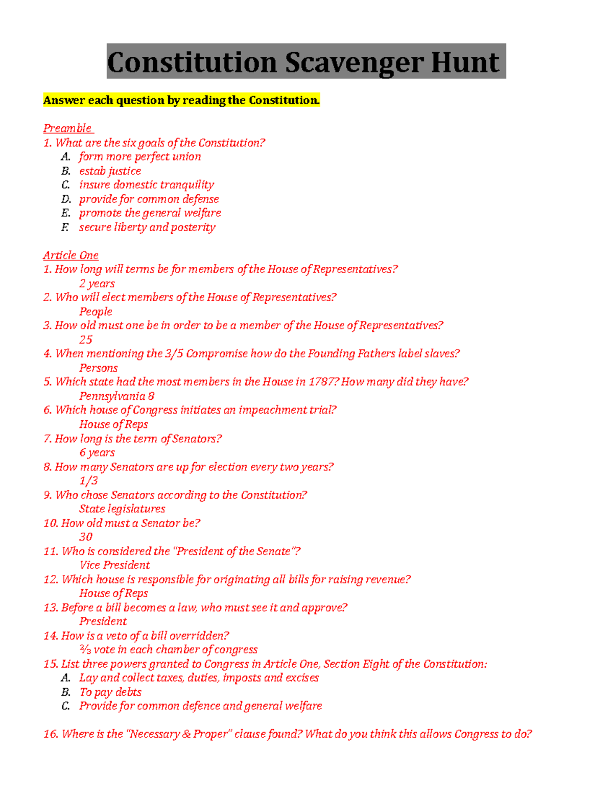 N. Constitution Scavenger Hunt Constitution Scavenger Hunt Answer