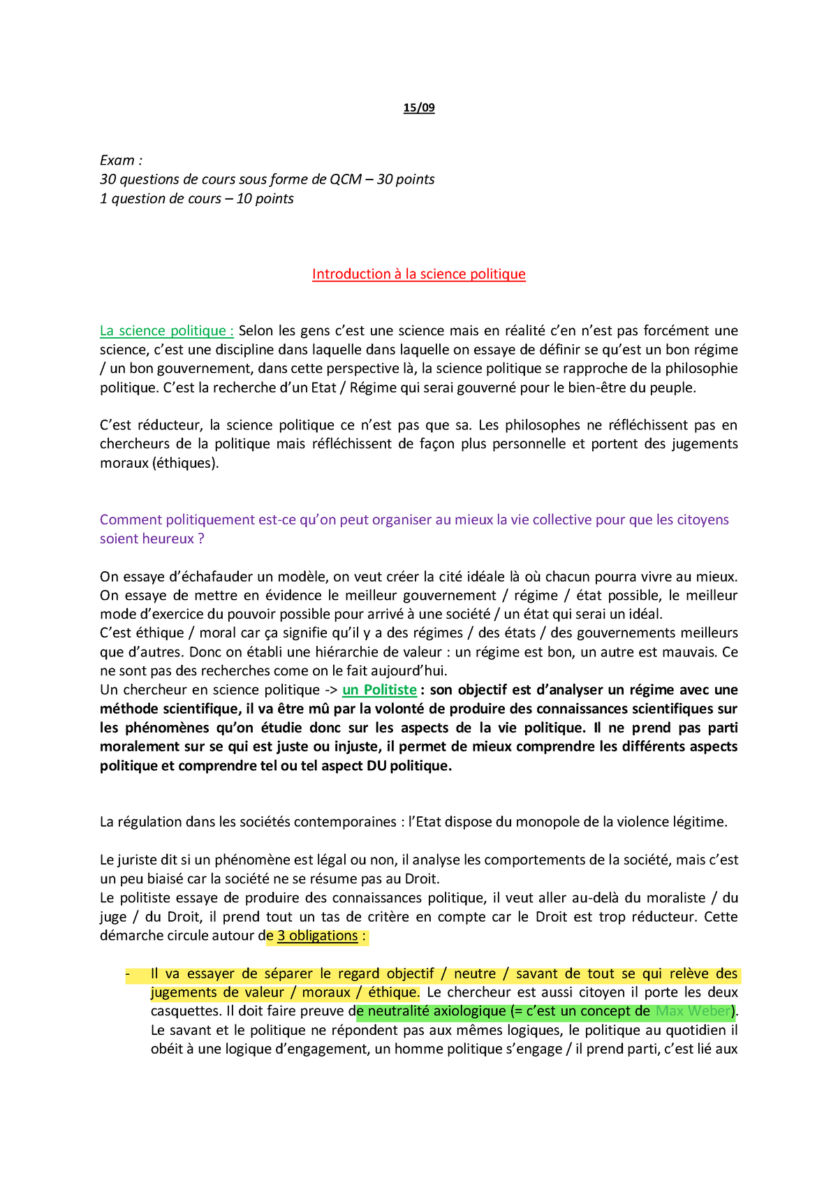 Cours Complet - Sciences Politiques - 15/ Exam : 30 Questions De Cours ...