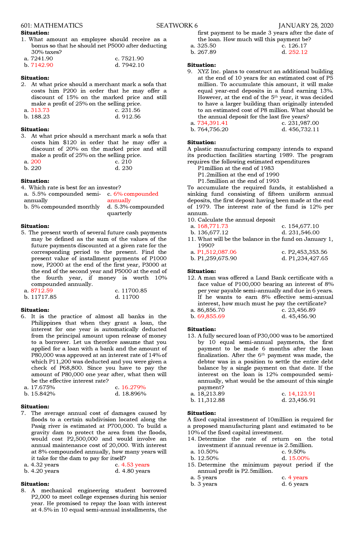 Pdfcoffee - Ee notes - 601: MATHEMATICS SEATWORK 6 JANUARY 28, 2020 ...