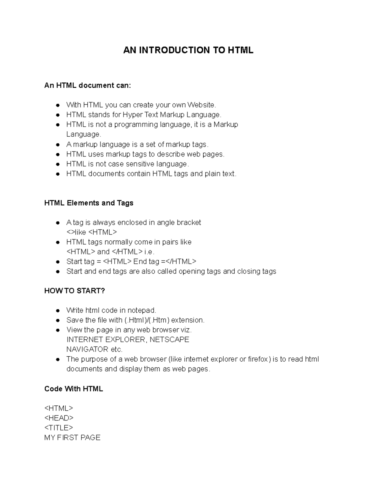 AN Introduction TO HTML - AN INTRODUCTION TO HTML An HTML document can ...