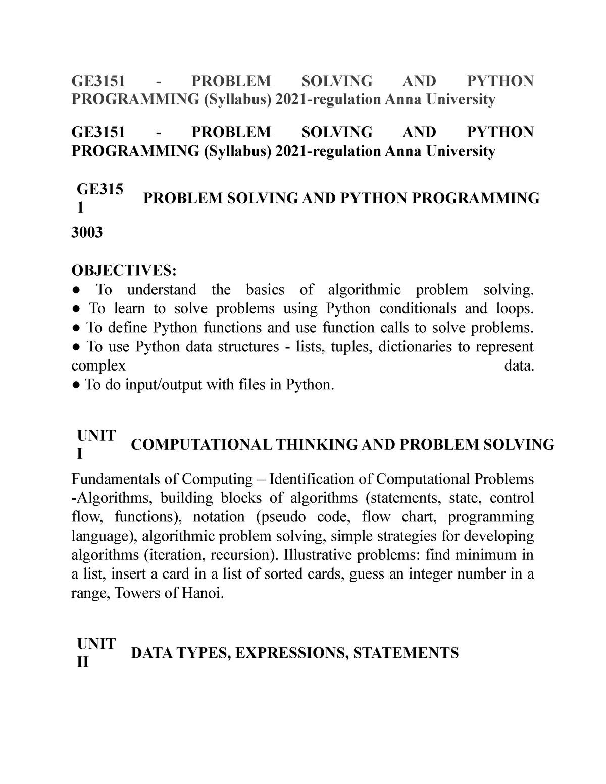 problem solving and python programming syllabus regulation 2021 pdf