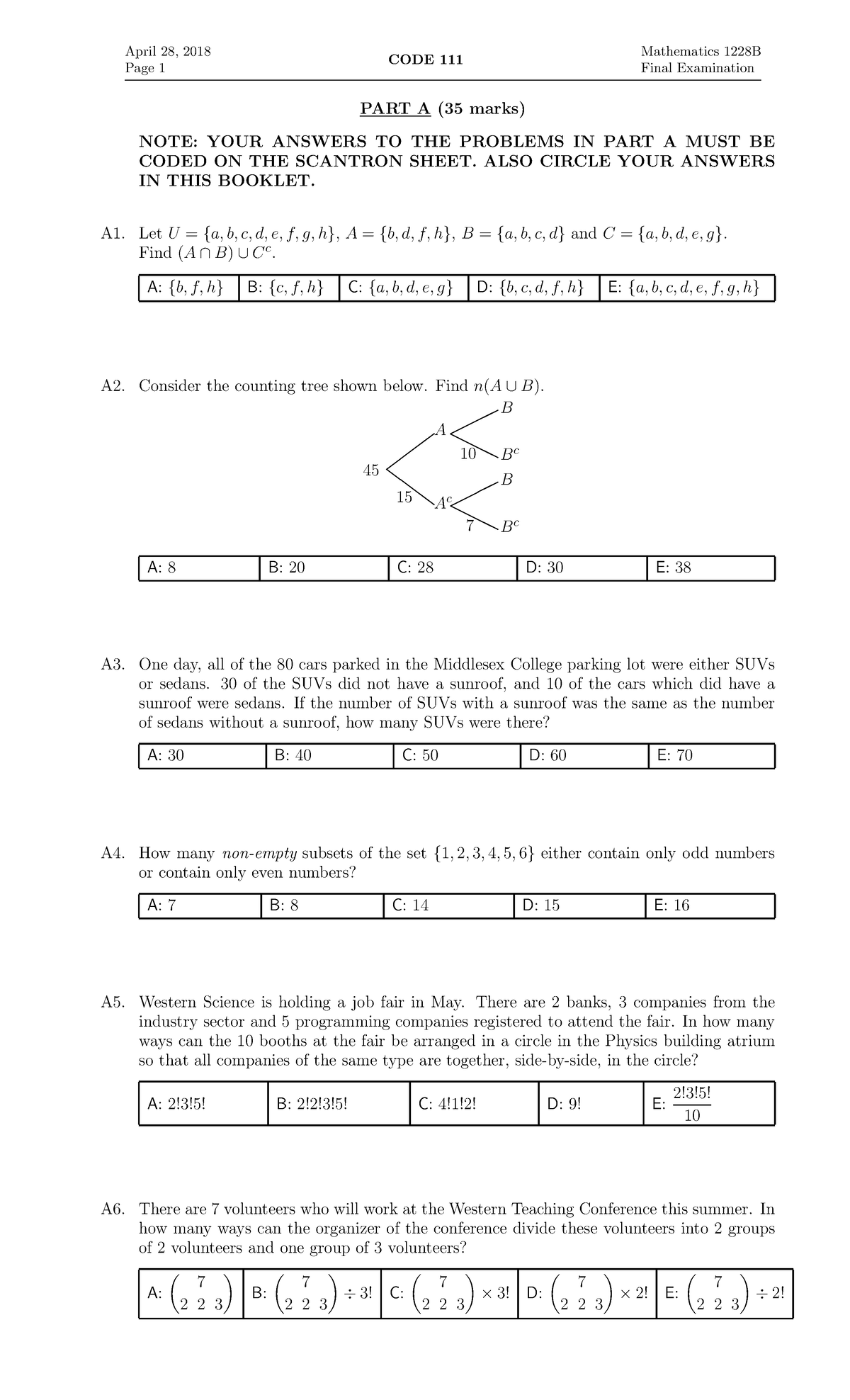 Math 1228 2018 exam - April 28, 2018 Page 1 CODE 111 Mathematics 1228B ...
