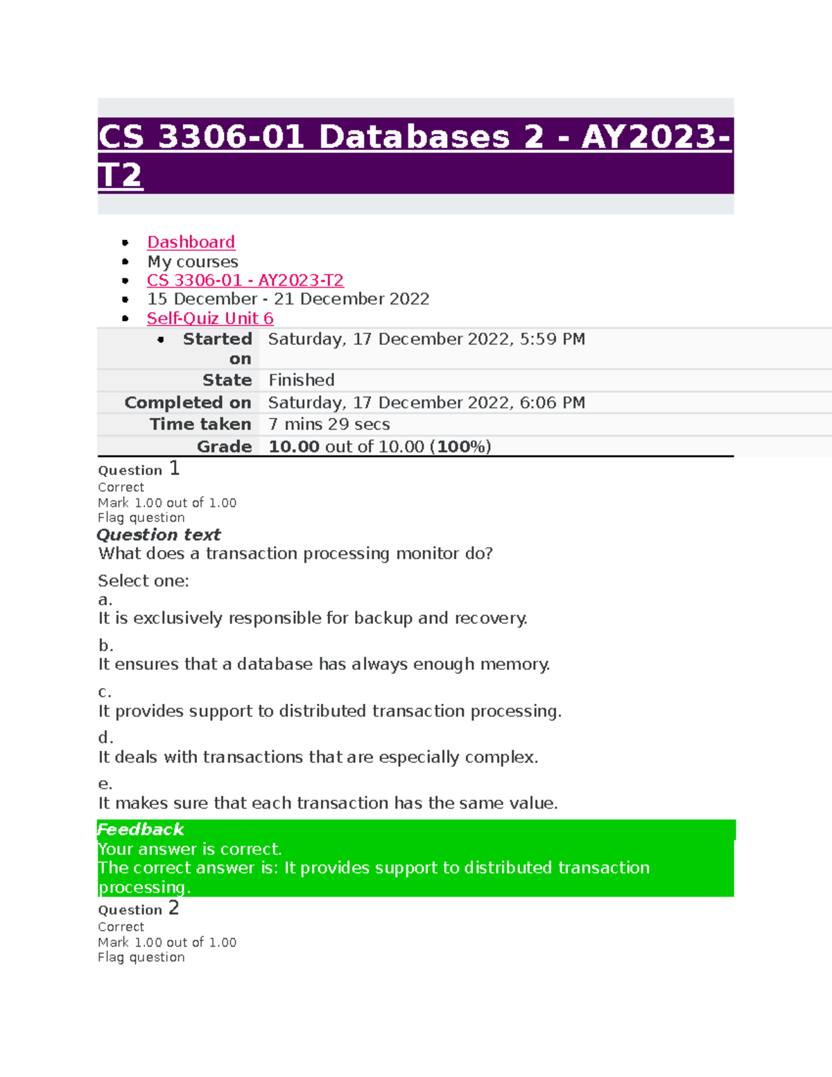 Unit 6 Quizzes CS 3306 - CS 3306-01 Databases 2 - AY2023- T Dashboard ...