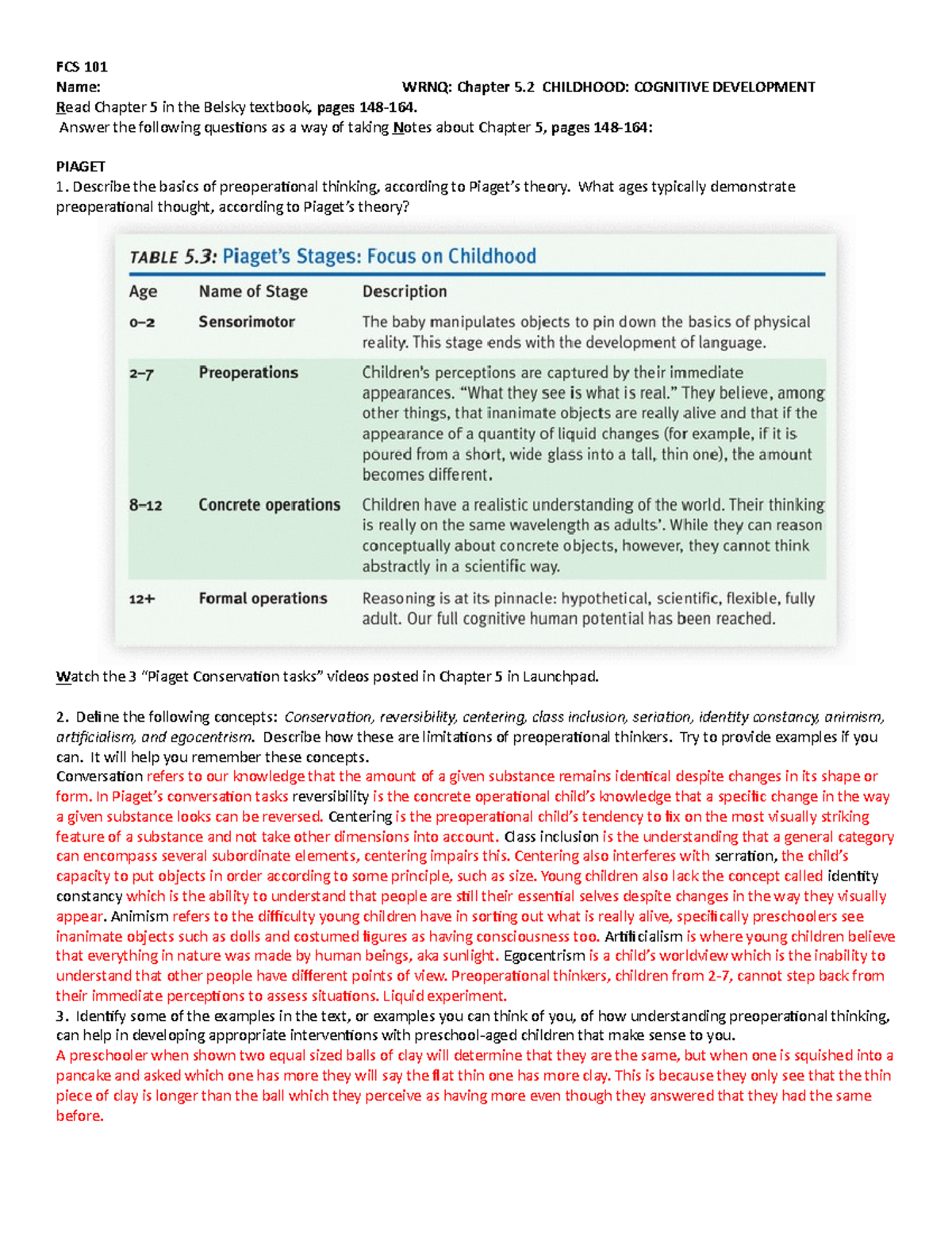 Ch5 - notes - FCS 101 Name: WRNQ: Chapter 5 CHILDHOOD: COGNITIVE ...