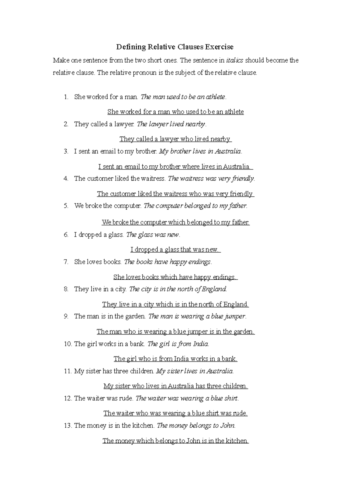 ENG - Tarea 9 - Defining Relative Clauses Exercise Make one sentence ...