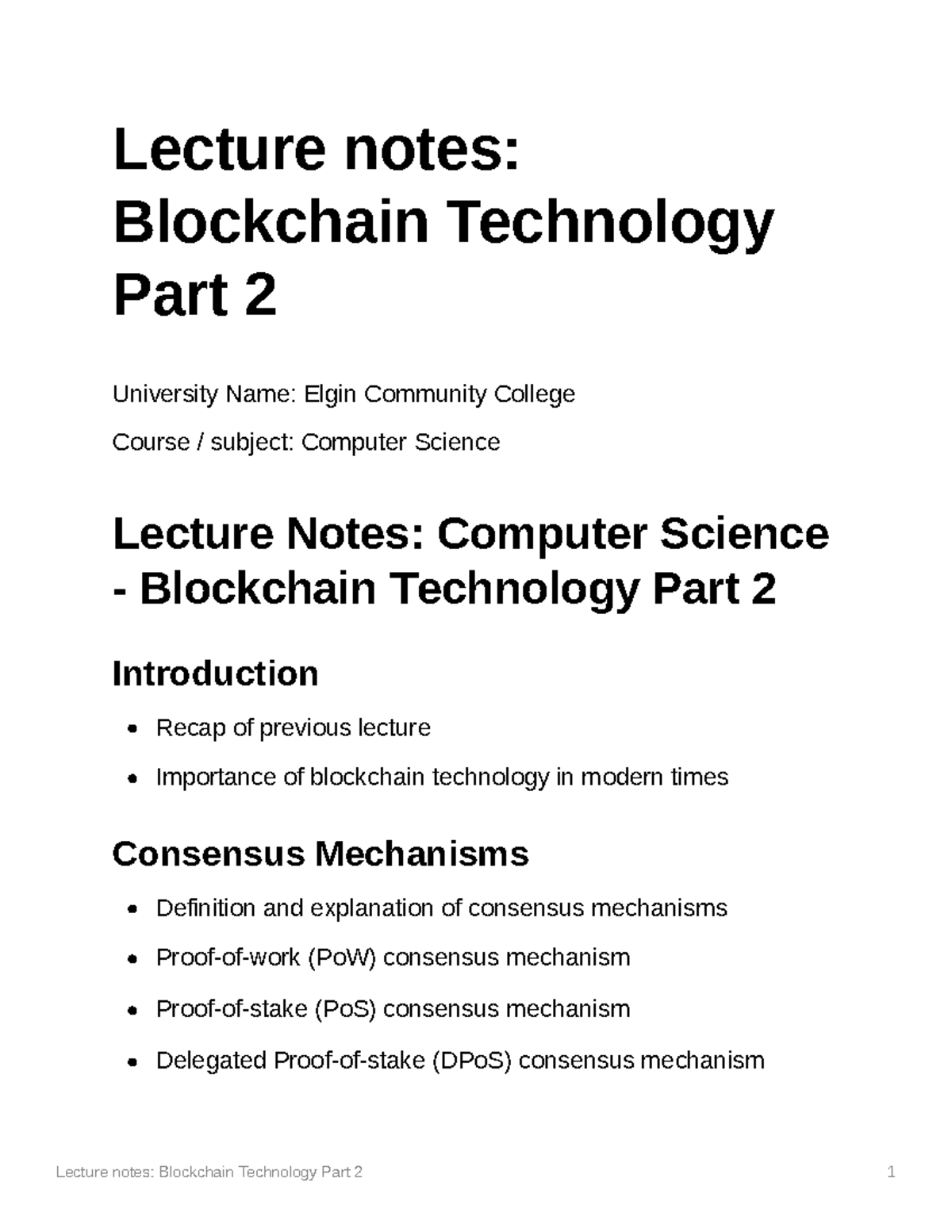 Lecture notes Blockchain Technology Part 2 - Lecture notes: Blockchain ...