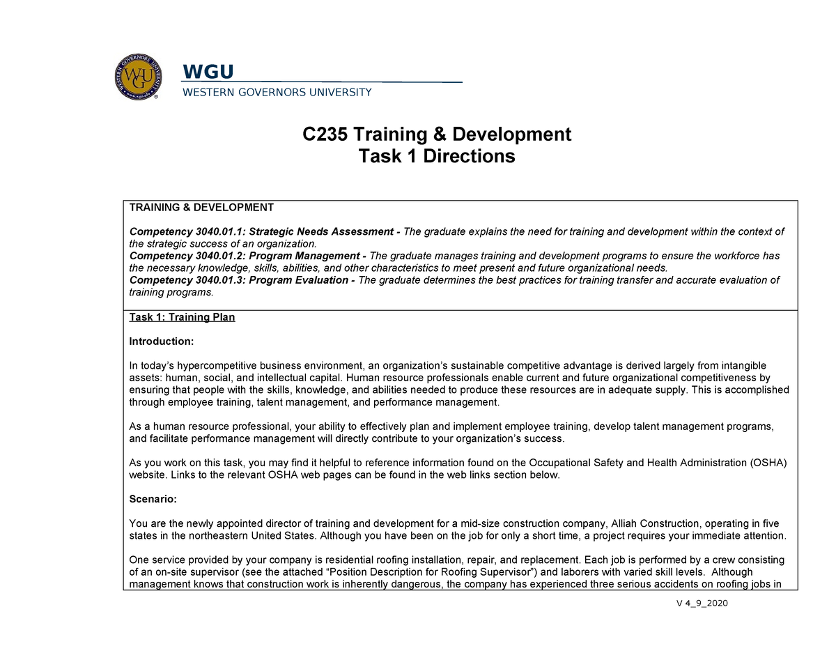 C235 Task 1 Directions - WESTERN GOVERNORS UNIVERSITY C235 Training ...