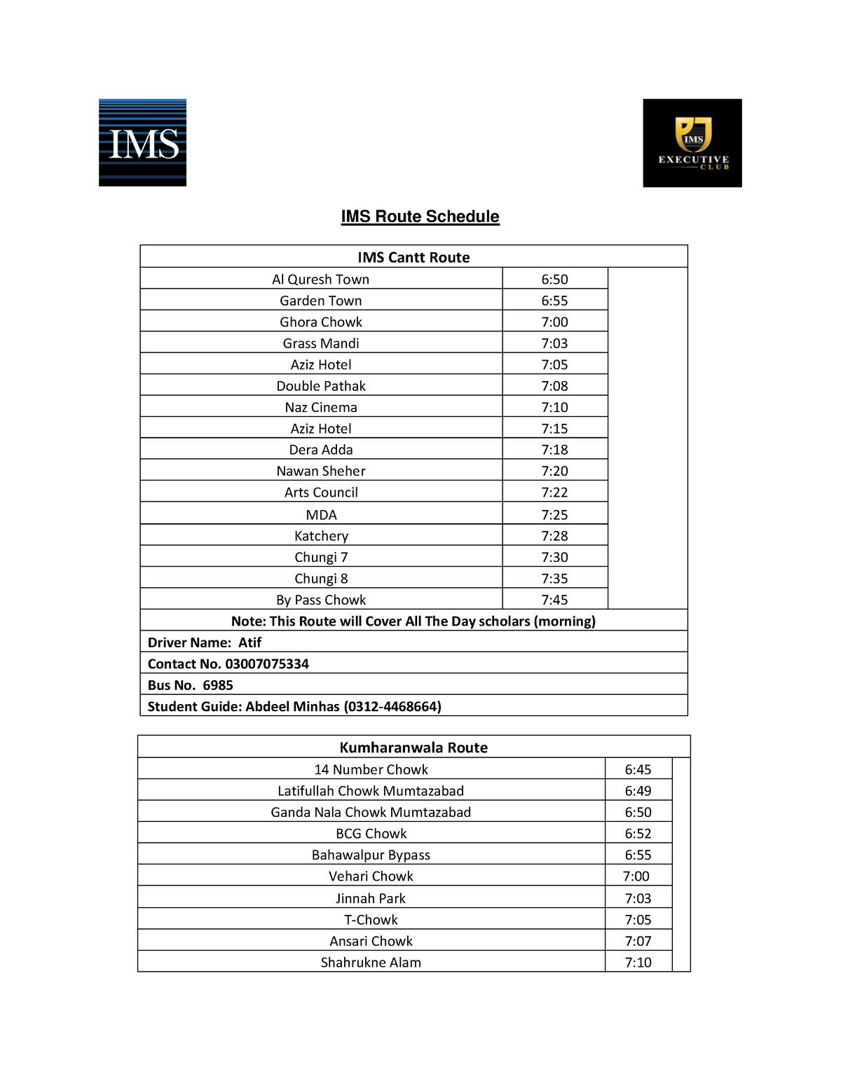 IMS Route Schedule Ghh IMS Route Schedule Note This Route will