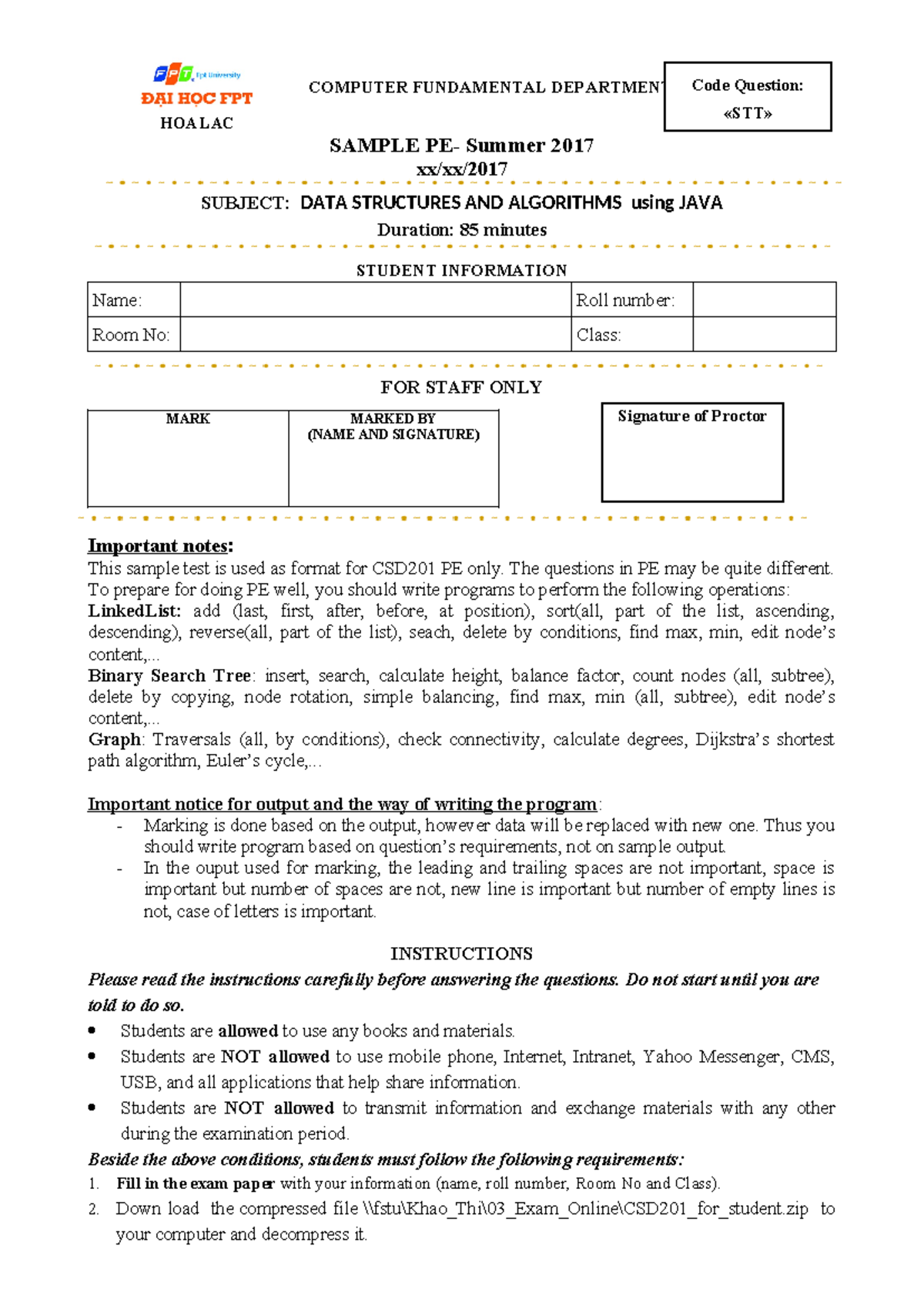 CSD201-sample PE - HOA LAC COMPUTER FUNDAMENTAL DEPARTMENT SAMPLE PE ...