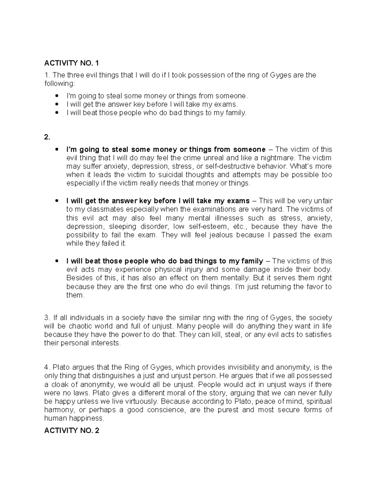 Thought Experiment - ACTIVITY NO. 1 The three evil things that I will ...