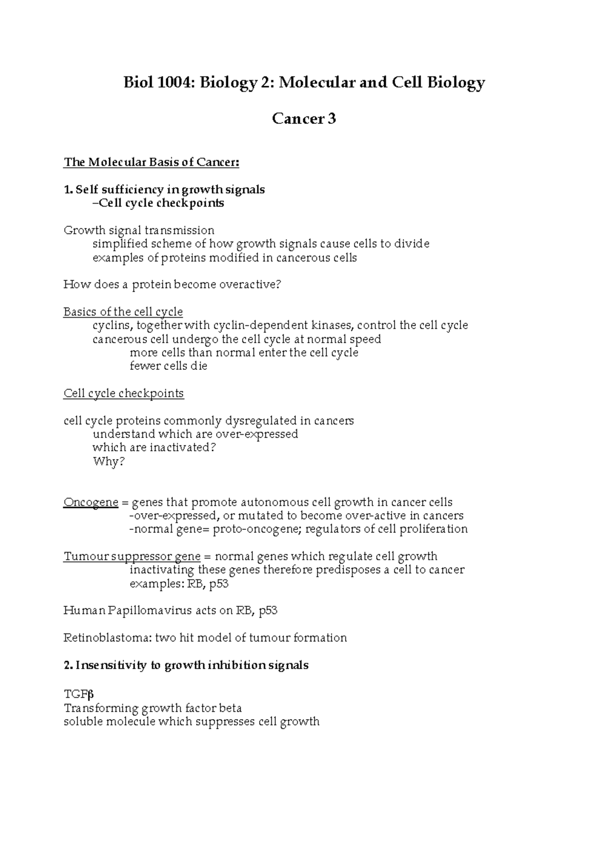 Cancer 3 - Dr. Aude Fahrer - Biol 1004: Biology 2: Molecular and Cell ...