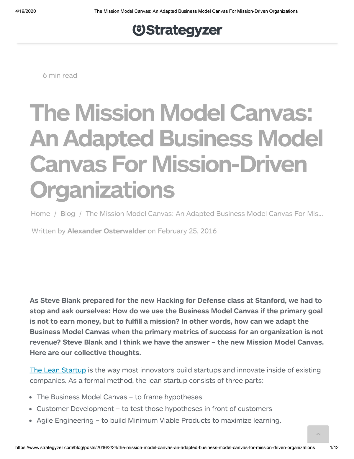 Non Profit The Mission Model Canvas An Adapted Business Model Canvas