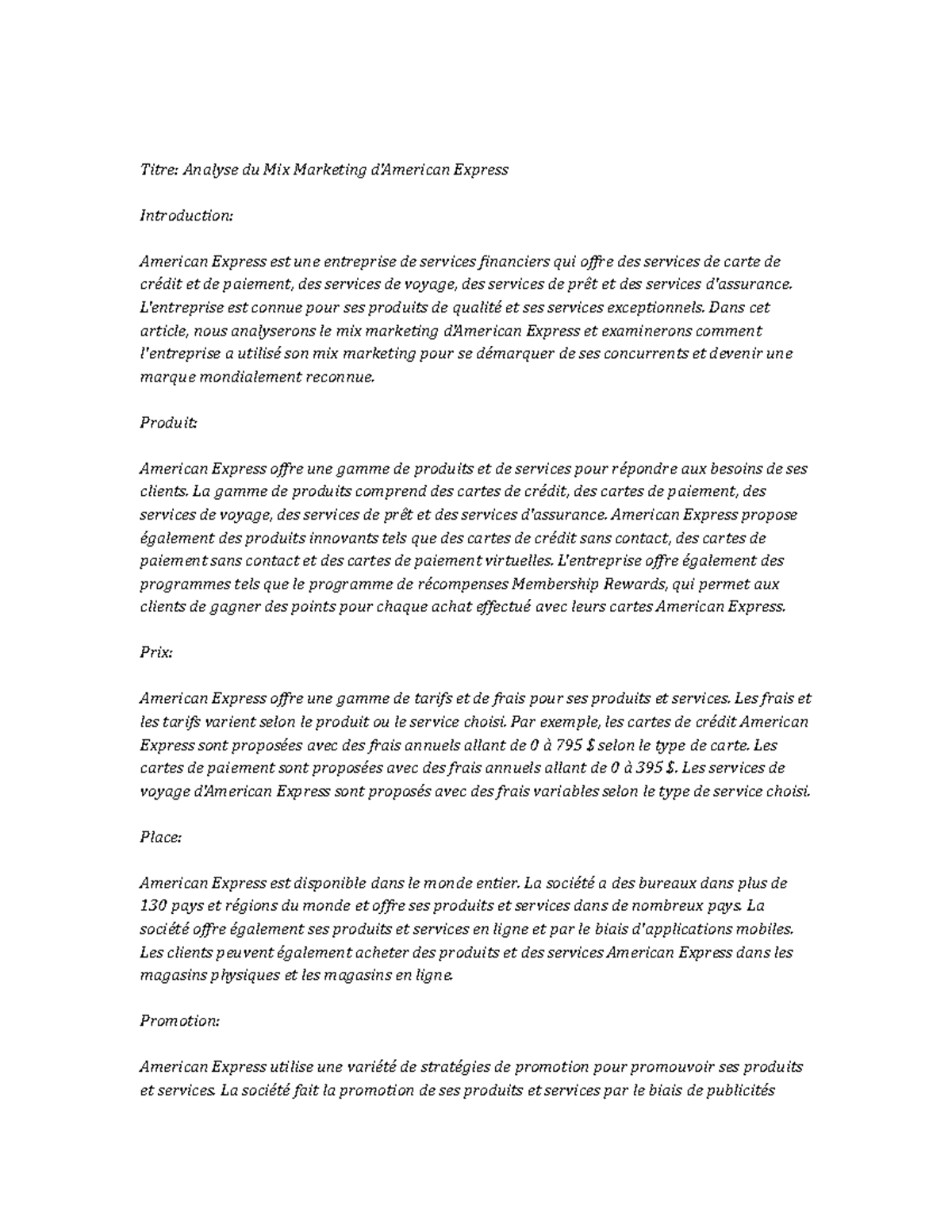 American Express Company; marketing mix - Titre: Analyse du Mix ...
