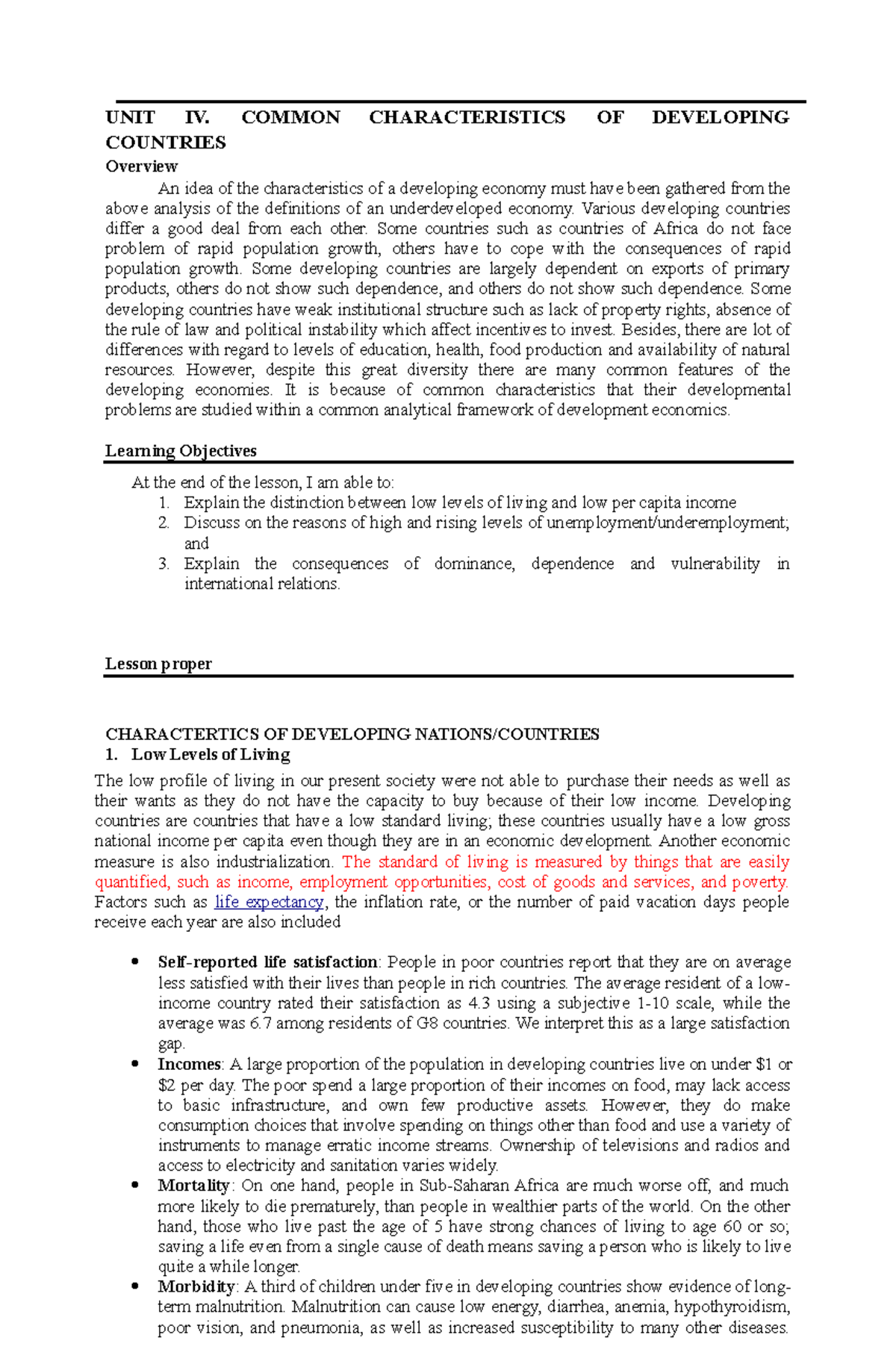 essay of characteristics of developing countries