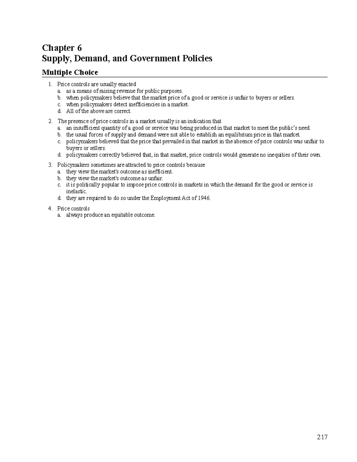 Chapter 6. MCQ bvsjjs Chapter 6 Supply, Demand, and Government