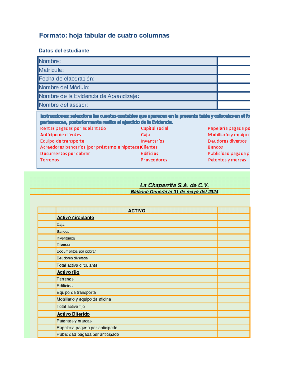 Balance general - Formato: hoja tabular de cuatro columnas Emman ACTIVO ...