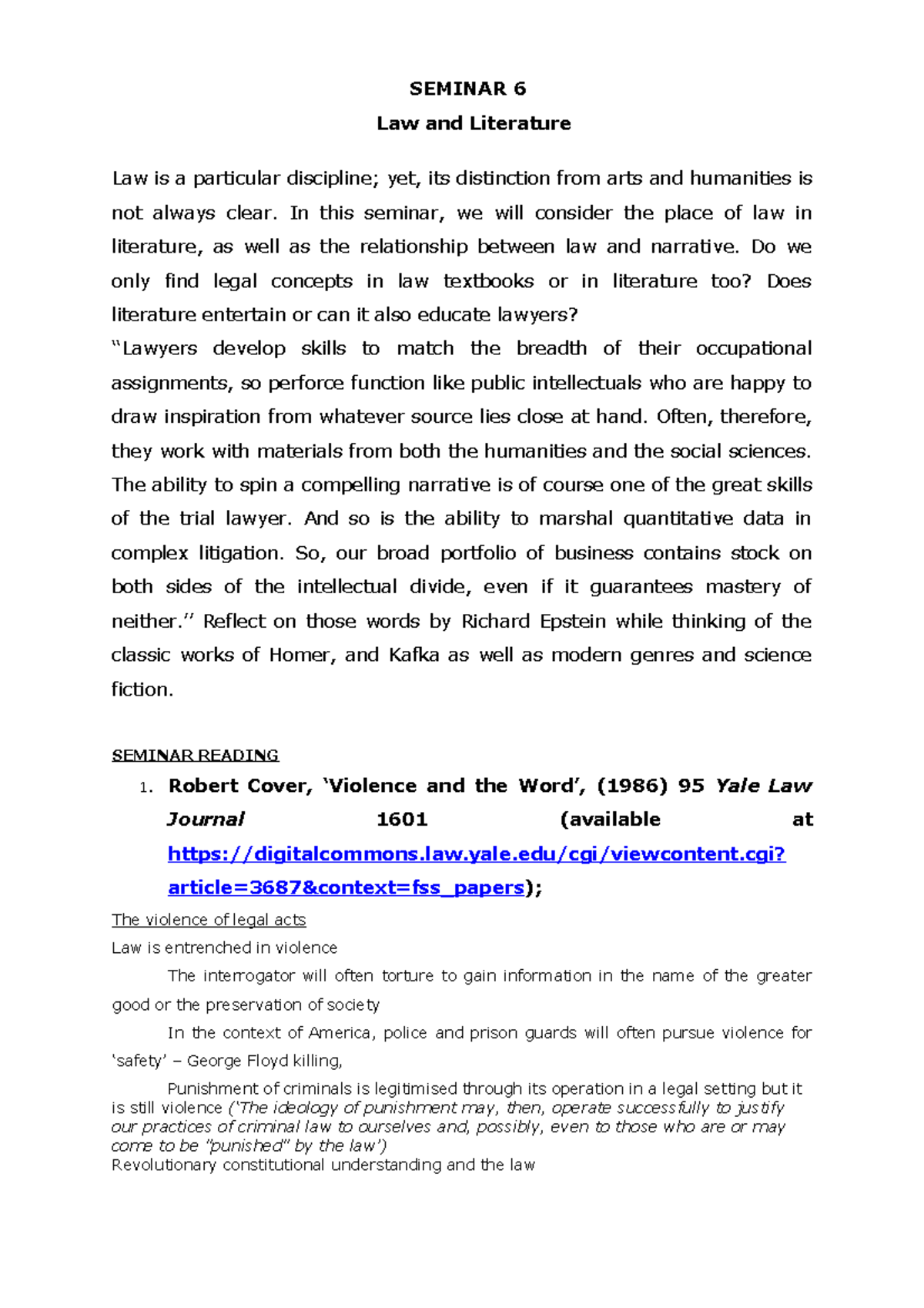 Seminar 6 Law and Literature SEMINAR 6 Law and Literature Law is a