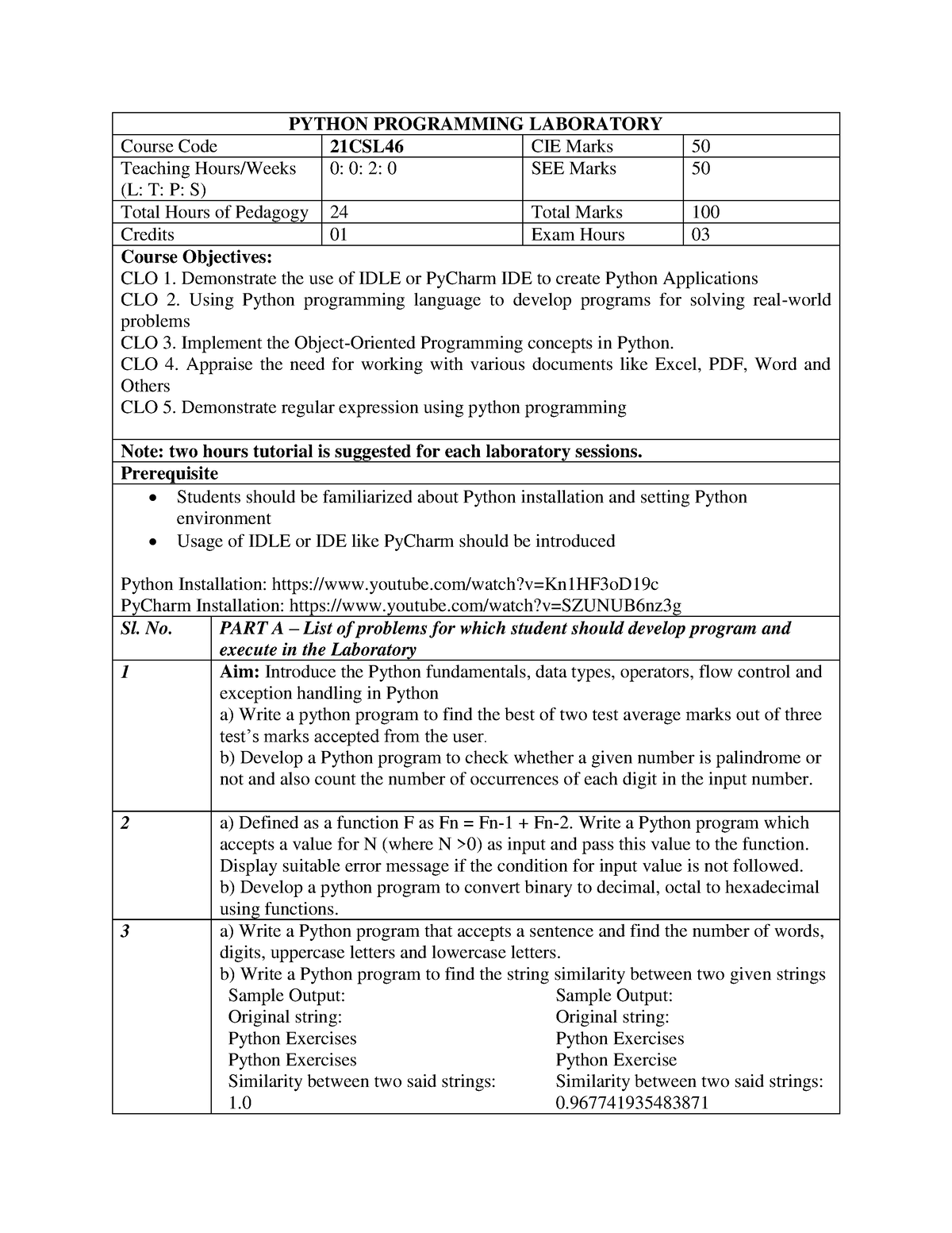 21CSL46 ISE Lab Manual - PYTHON PROGRAMMING LABORATORY Course Code ...