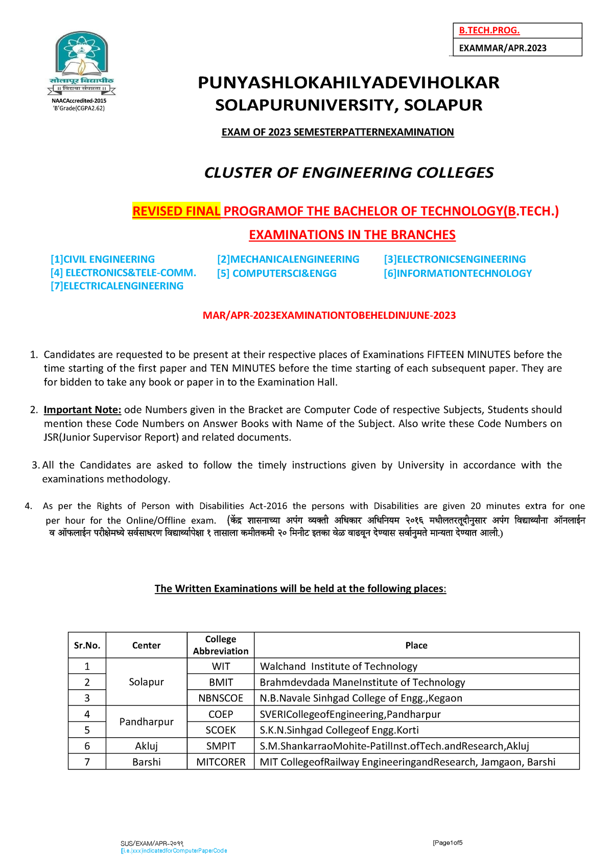 2 Revised Final B.Tech 16062023 - SUS/EXAM/APR- 2019 [Page1of Ednes Day ...