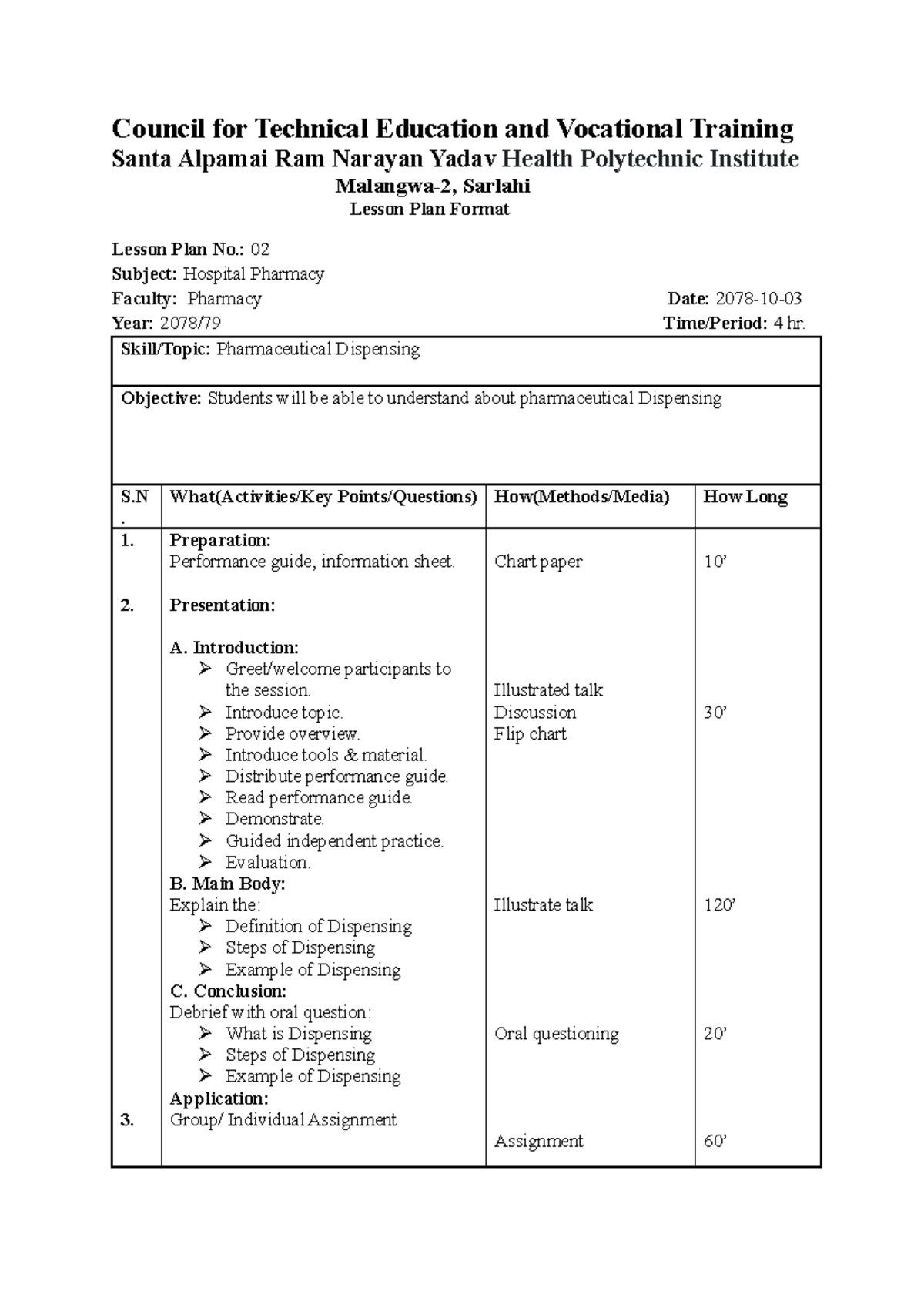 LP- 2 Dispensing - LESSION PLAN - Council for Technical Education and ...