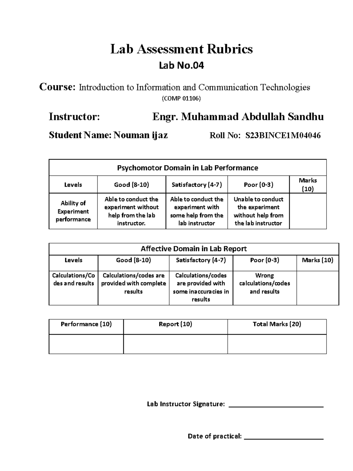 MICROSOFT POWER POINT - Lab Assessment Rubrics Lab No. Course ...