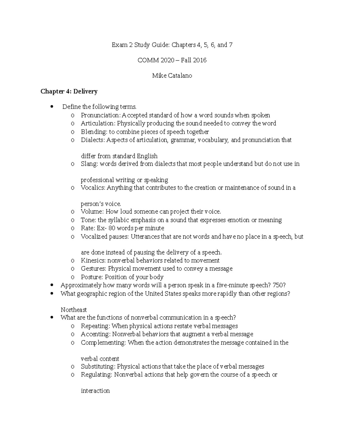 Comm Study Guide - Chapters 4-7 - Exam 2 Study Guide: Chapters 4, 5, 6 ...