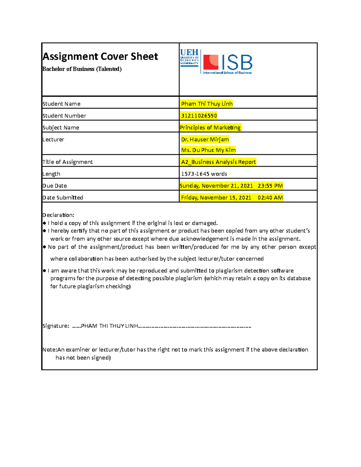 A2 Pham Thi Thuy Linh 31211026590 - Assignment Cover Sheet Bachelor of ...
