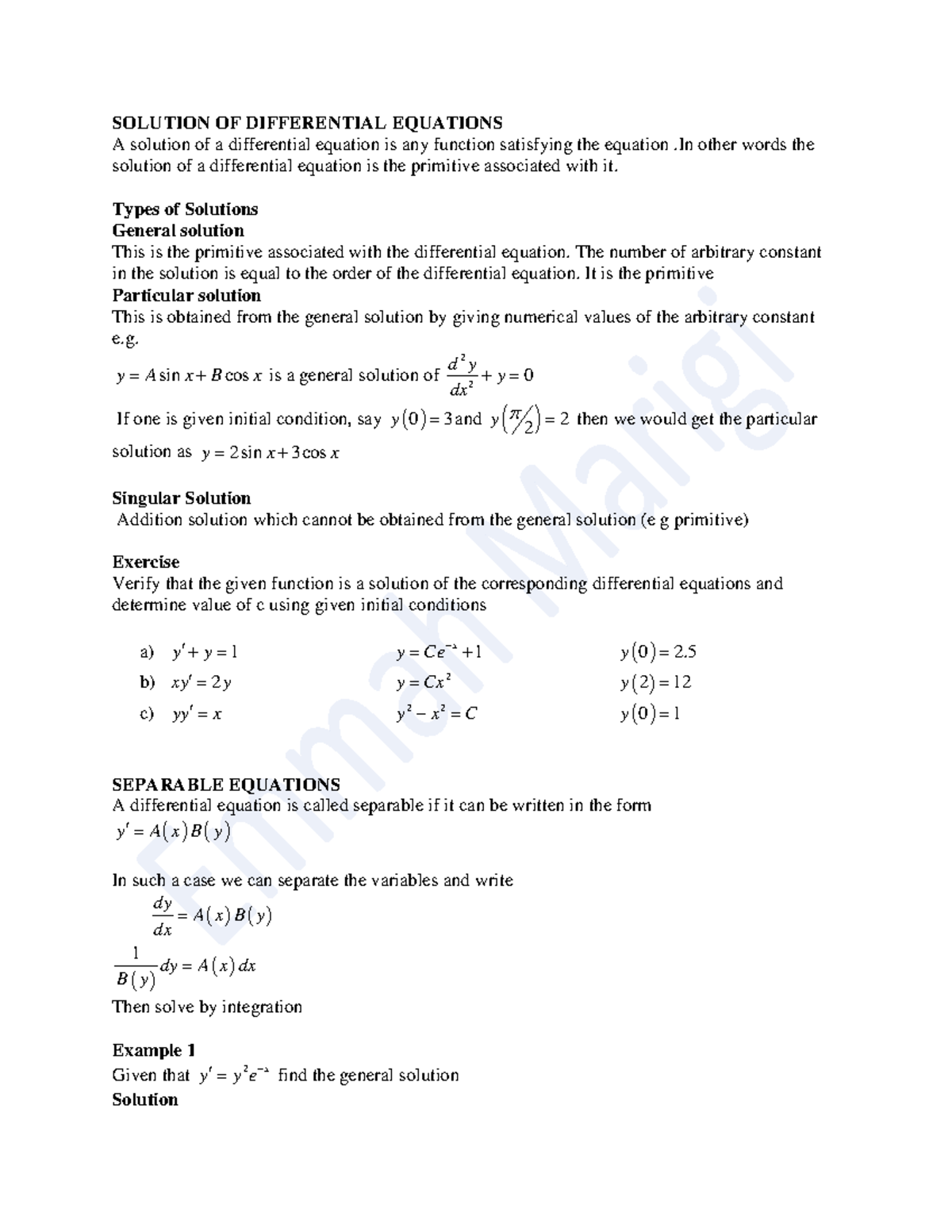 Lecture Notes On SOLUTION OF DIFFERENTIAL EQUATIONS - ####### SOLUTION ...