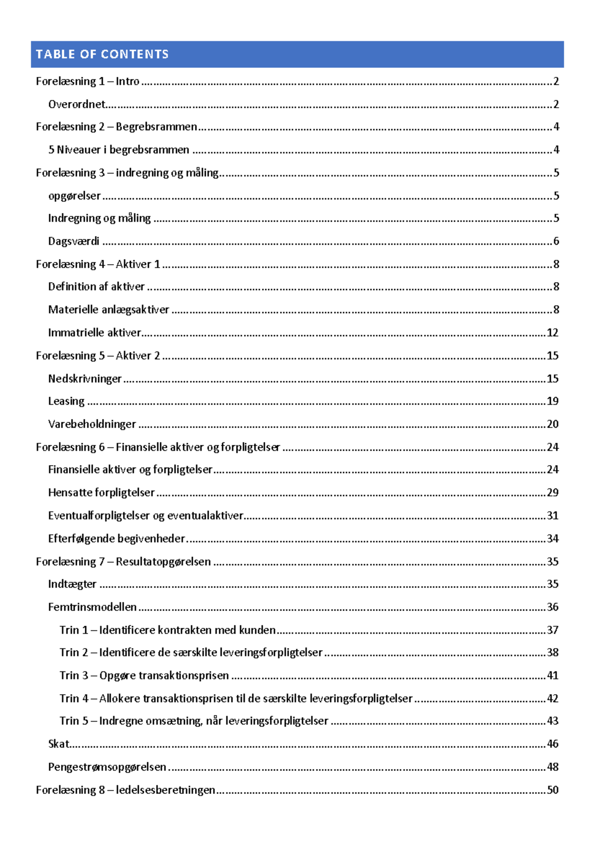 Eksternt-regnskab-noter - TABLE OF CONTENTS ForelÊsning 1 – Intro ...