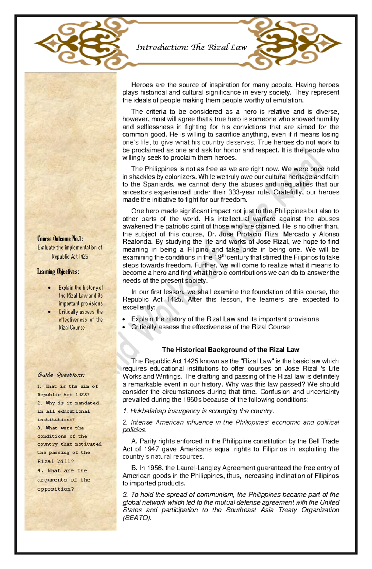 Life and Works of Rizal Lecture Notes - Introduction: The Rizal Law ...