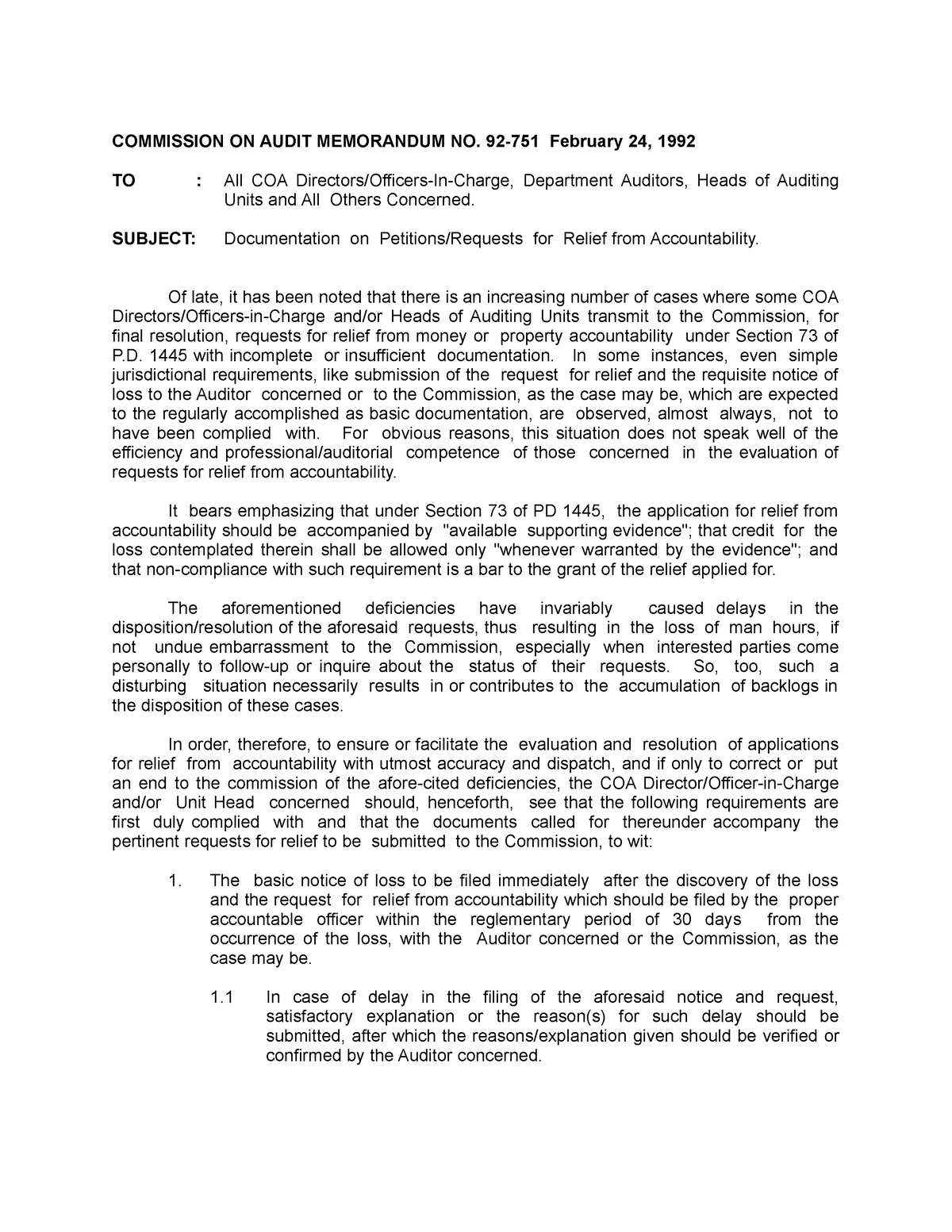 COA MEMO ON Relief OF Property LOSS Accountability - COMMISSION ON ...