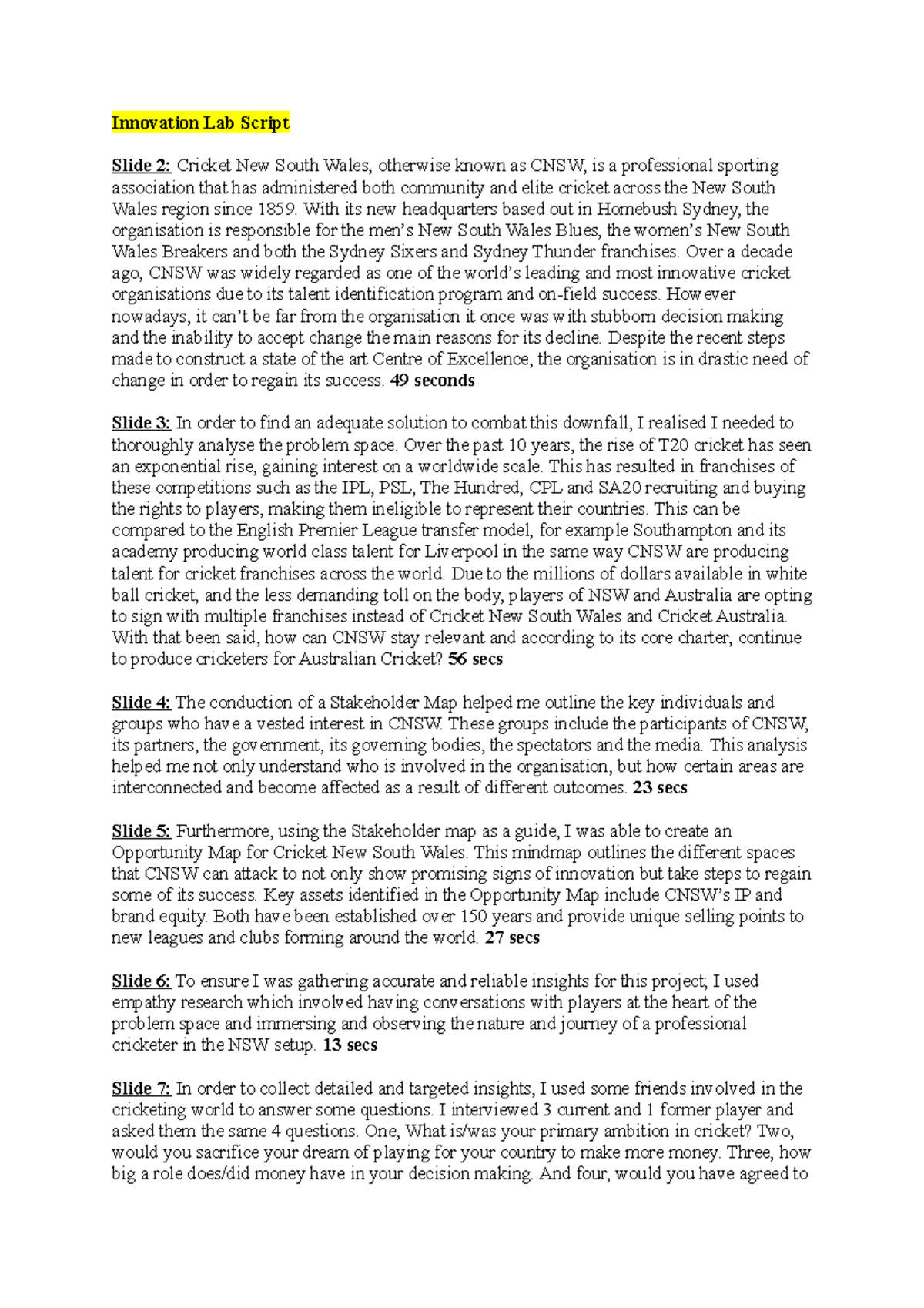 Innovation Lab Script Speech Innovation Lab Script Slide 2 Cricket